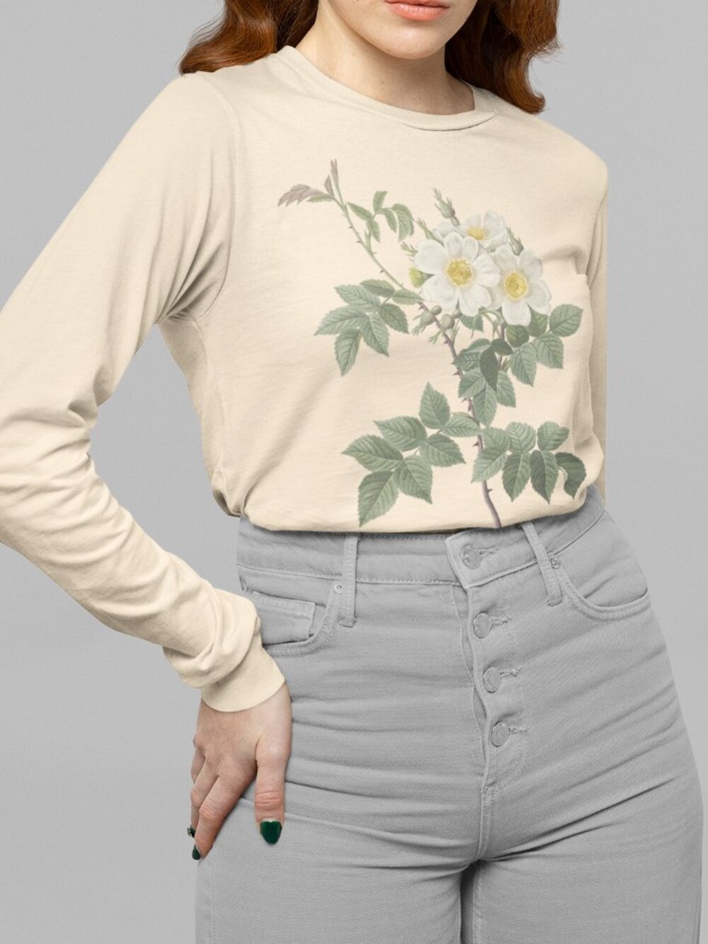 Rose Vintage Floral Print Long Sleeve Graphic Tee T-shirt S-XXL